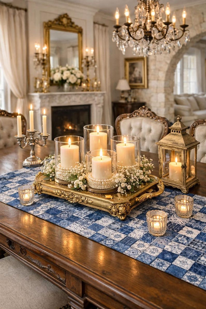 Caminho de mesa com estampa patchwork azul | Azulejo xadrez em denim índigo imagem 9