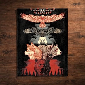 Manta de lobo, oso y águila, manta de vida silvestre, decoración rústica para cabaña, regalo para hombre, forro polar acogedor, regalo para amantes de la naturaleza