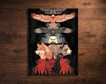 Tribal Spirit Animal Velveteen Blanket Wolf Bear Owl Eagle Totem Art Throw  Rustic Boho Cabin Decor  Native Design