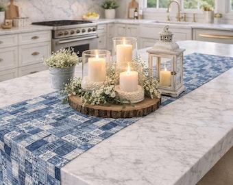Blue Patchwork Pattern Table Runner | Indigo Checkered Denim Tile