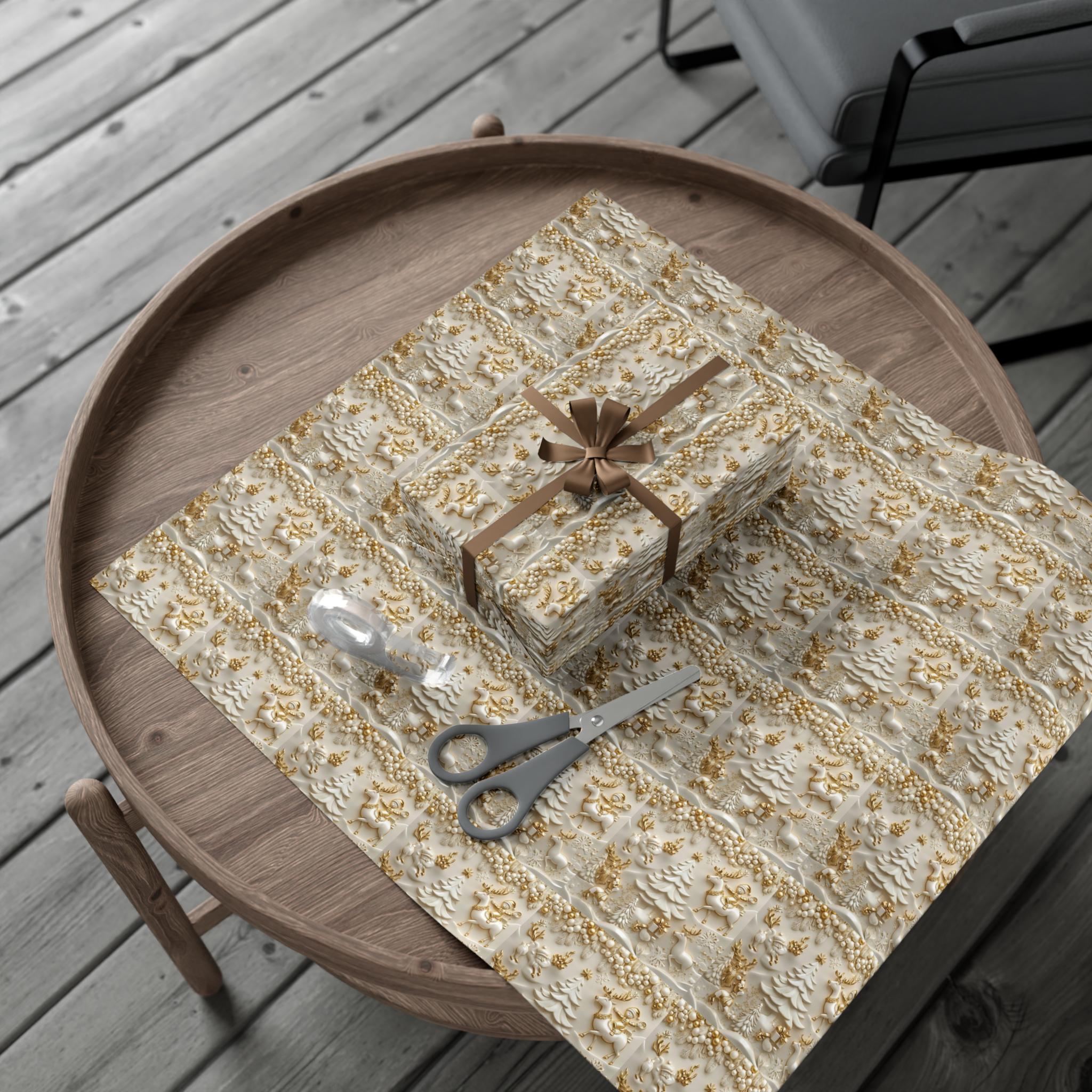 Wrapping Paper, Luxury Golden Christmas Design with 3D Characters, Holiday Gift Wrap, Festive Decor, Elegant Presents, Modern Twist