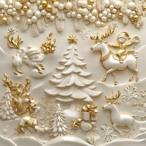 Carta da regalo, design natalizio dorato di lusso con personaggi 3D, carta da regalo per le feste, decorazioni festive, regali eleganti, tocco moderno