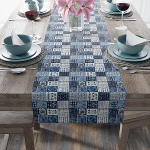 Caminho de mesa com estampa patchwork azul | Azulejo xadrez em denim índigo imagem 4