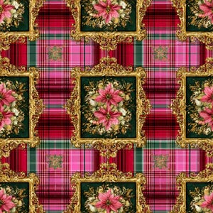 Könnte beinhalten: Nahtloses Muster mit verzierten goldenen Rahmen mit Weihnachtssternen auf grünem Grund, vor einem karierten Hintergrund aus Rot, Rosa und Grün. Das Design hat ein festliches, weihnachtliches Thema.
