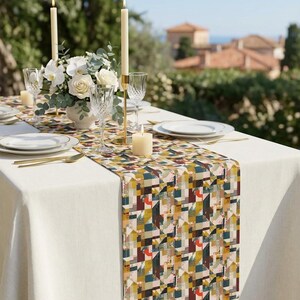 Runner da tavola con motivo geometrico patchwork, moderno misto cotone-poliestere per la sala da pranzo immagine 10