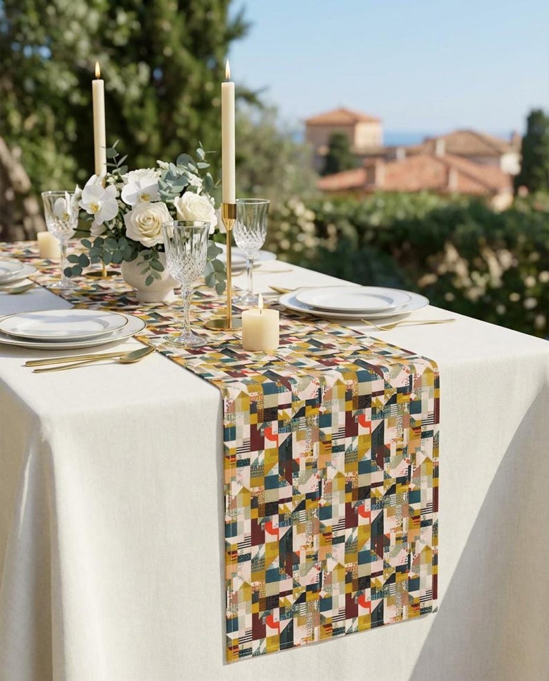 Runner da tavola con motivo geometrico patchwork, moderno misto cotone-poliestere per la sala da pranzo immagine 10