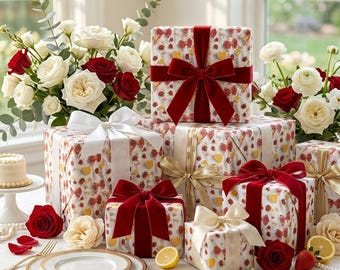 Geschenkpapier mit lebhaften Erdbeeren Zitronen pink Schmetterlingen Schleifen Geburtstagsparty Hochzeit Sommerfest Geschenkpapier