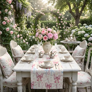 Watercolor Rose Pink Coquette Bow Table Runner Pastels Shabby Chic Kitchen Decor