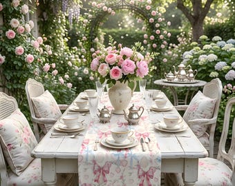 Tovaglia da tavola con fiocco rosa acquerello, decorazioni shabby chic in colori pastello per la cucina.