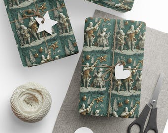 Papel de regalo de lujo con personajes navideños en verde y dorado / Papel de regalo festivo para las fiestas