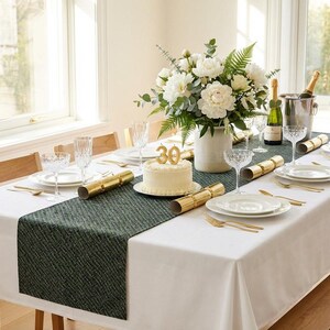 Plaid Table Runner in Green Black, Woven Design for Dining