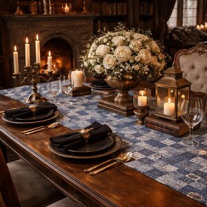 Caminho de mesa com estampa patchwork azul | Azulejo xadrez em denim índigo imagem 6