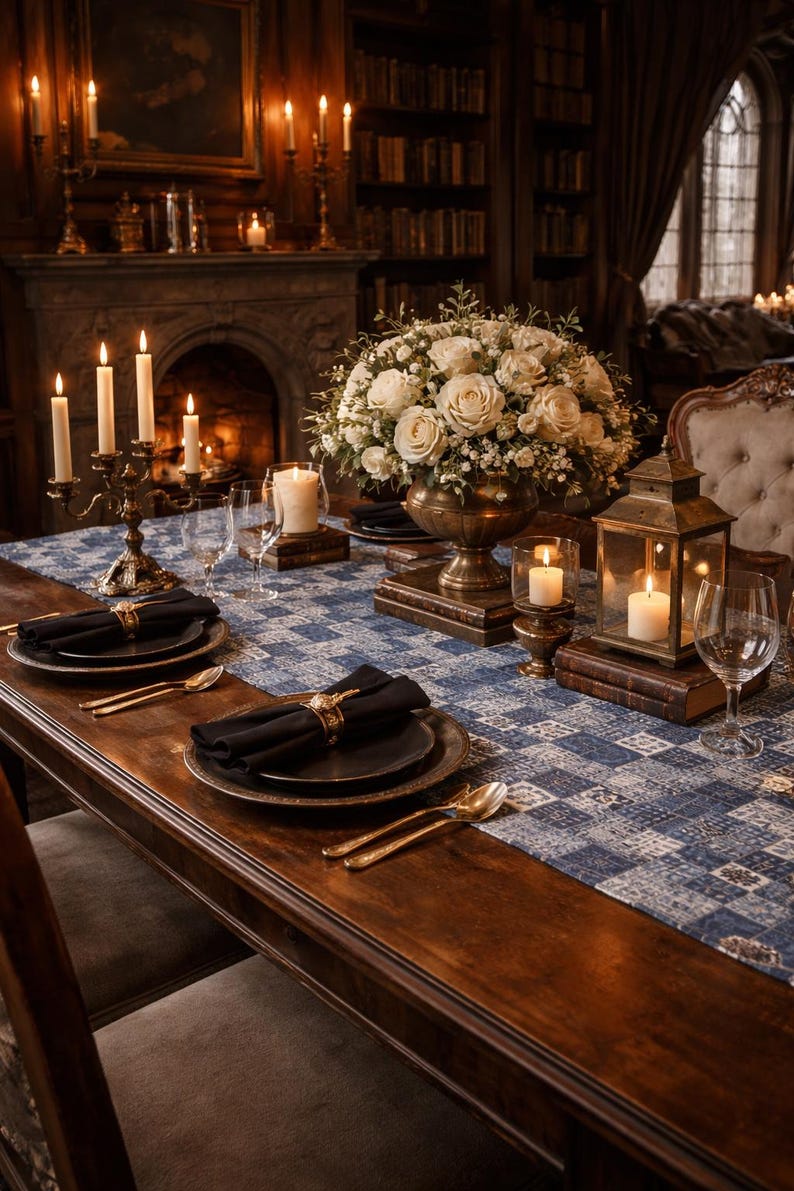 Caminho de mesa com estampa patchwork azul | Azulejo xadrez em denim índigo imagem 6