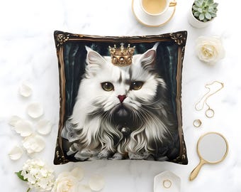 Funda de almohada con diseño de gato, gato persa blanco real con corona en marco barroco.