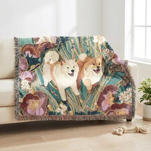 Woven Throw Blanket, Chow Chow Floral Cotton Cover for Dog Lover Gift, Tropical Cottage Decor