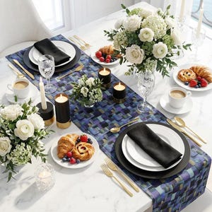 Blue Geometric Pattern Table Runner, Cotton and Polyester for Modern Dining