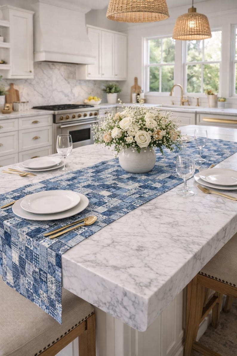 Caminho de mesa com estampa patchwork azul | Azulejo xadrez em denim índigo imagem 5