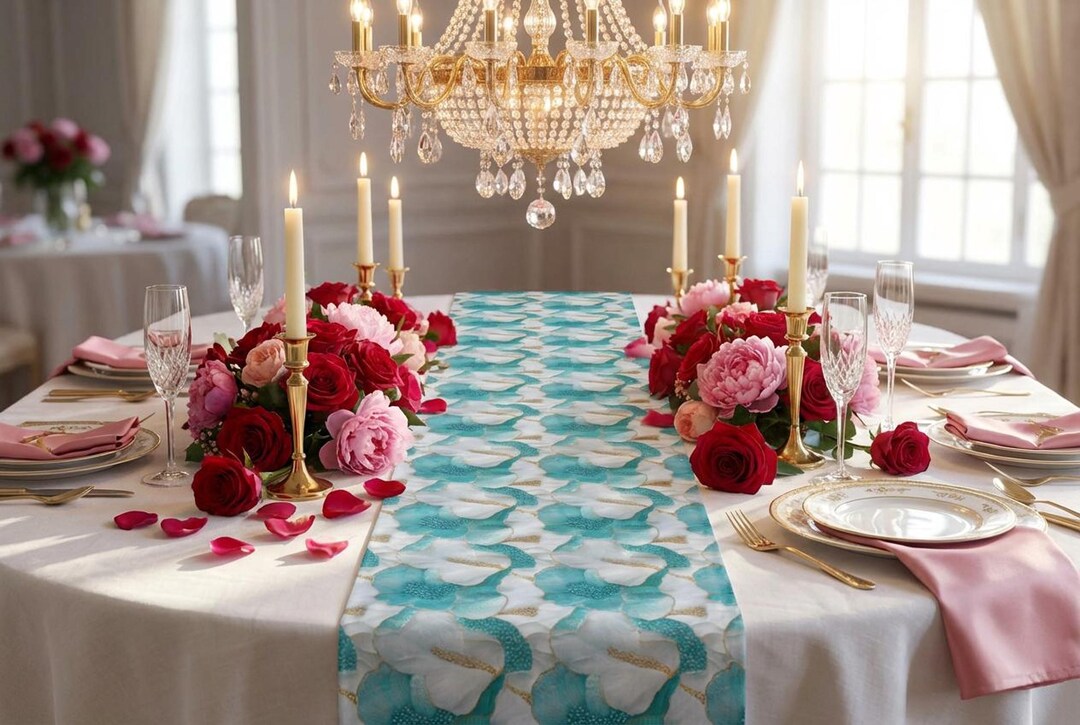Floral Pattern Table Runner in Teal and White | Coastal Decor - Etsy
