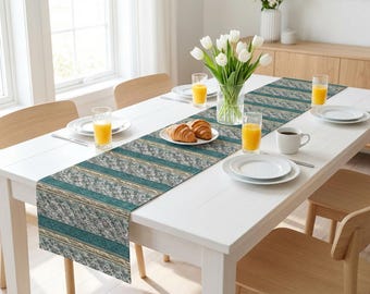 Blauwgroene tafelloper met paisley-streep | Katoen-polyestermix