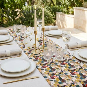 Runner da tavola con motivo geometrico patchwork, moderno misto cotone-poliestere per la sala da pranzo immagine 6