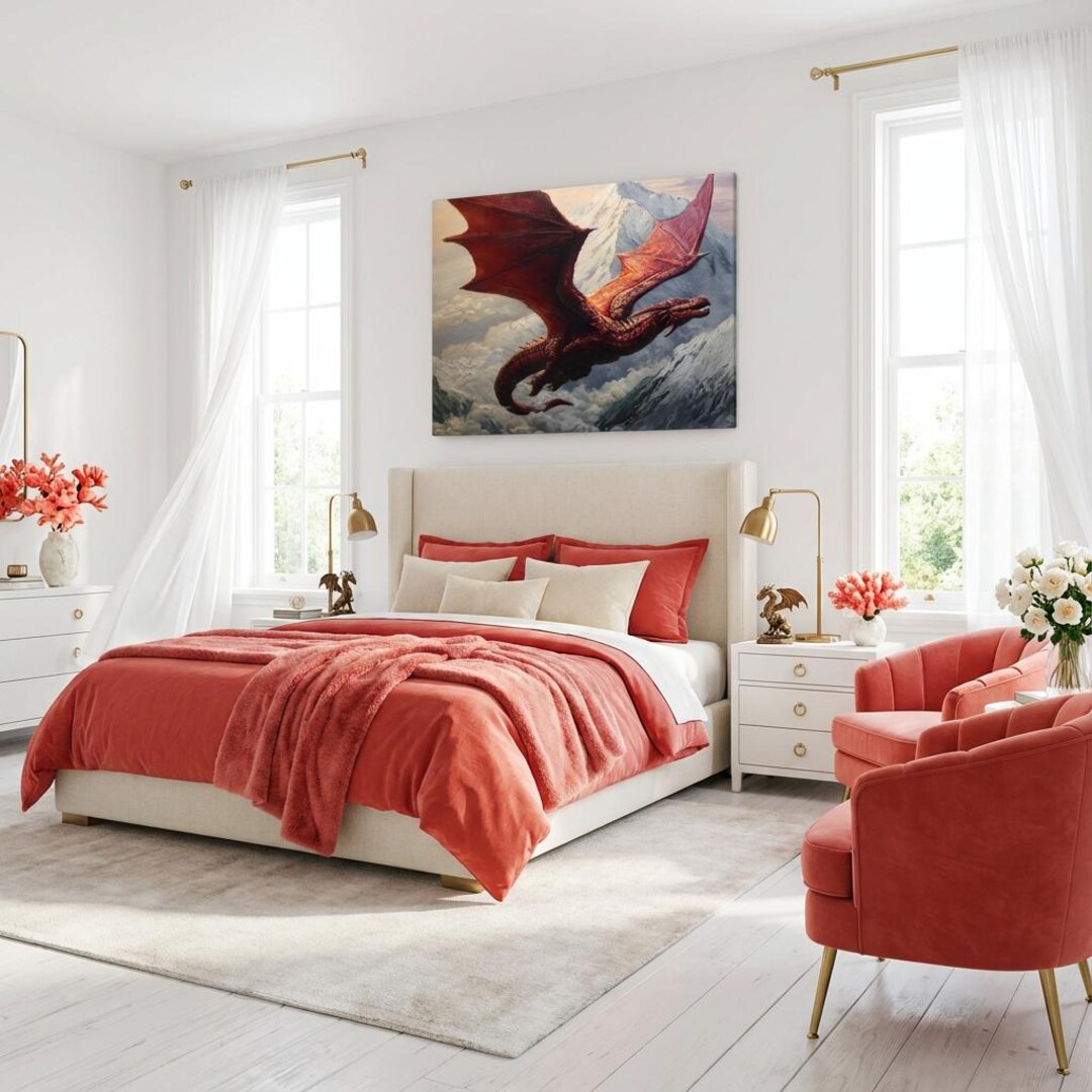 Red Dragon Flying Over Mountains Canvas Wall Art | Mythical Creature ...
