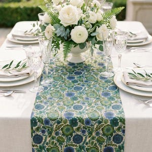 Floral Table Runner in Blue Green, Boho Botanical Dining Decor