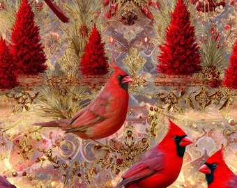 Papel de regalo navideño con diseño de cardenal: pájaro rojo festivo y filigrana dorada