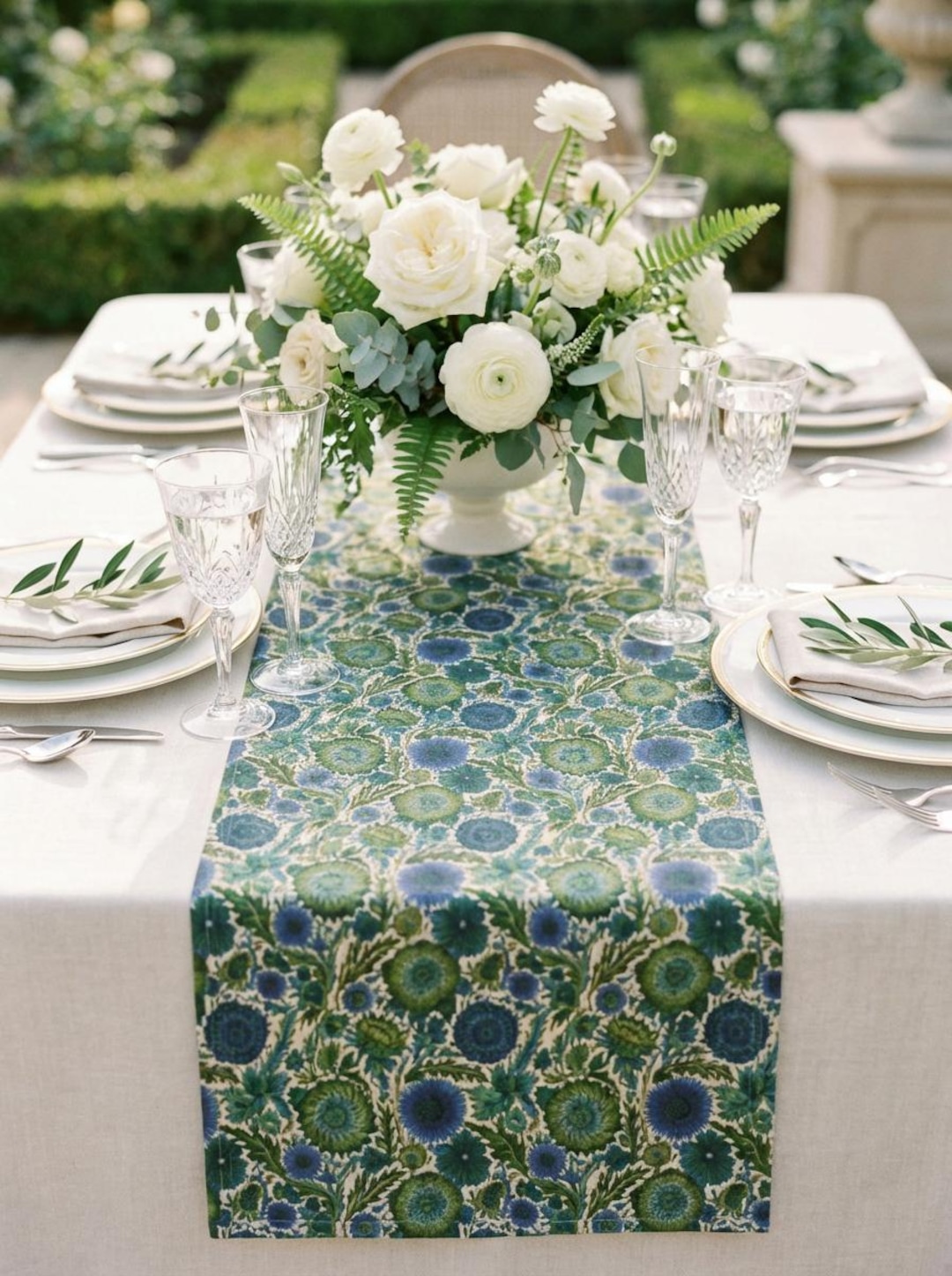Blue Green Floral Pattern Table Runner | Boho Botanical Dining