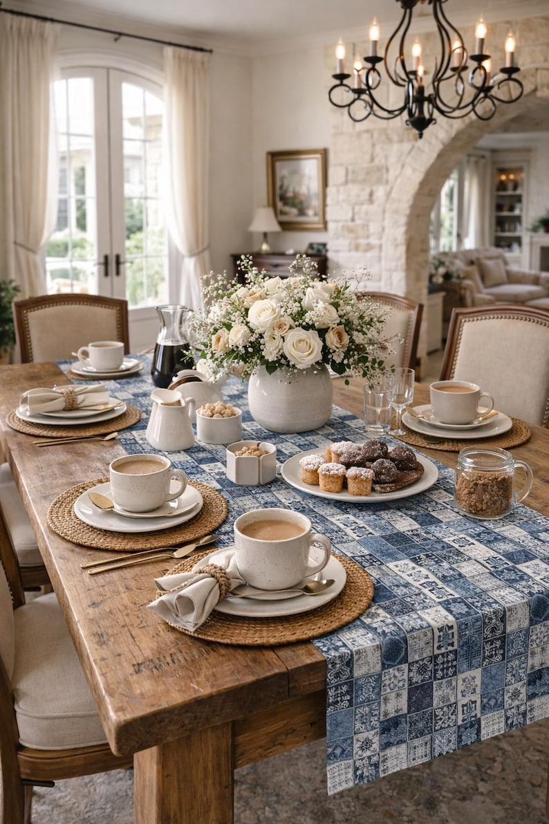 Caminho de mesa com estampa patchwork azul | Azulejo xadrez em denim índigo imagem 20