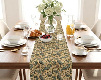 Blauwgroene tafelloper met paisleypatroon | Katoen-polyestermix