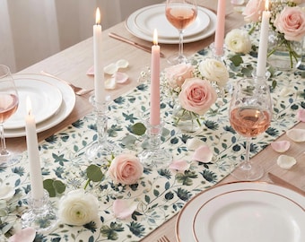 Green Floral Runner, Elegant Botanical Table in Two Sizes