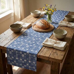 Blue Patchwork Tile Table Runner, Cotton or Polyester Options