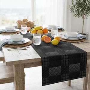 Black Quilted Runner, Modern Geometric Table for Dining