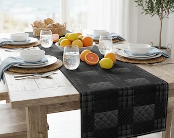 Runner trapuntato nero, tavolo da pranzo moderno dalle forme geometriche