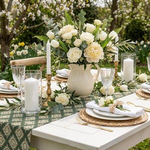 Green Vintage Tile Pattern Table Runner | Decorative Dining Linen