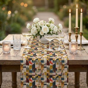 Runner da tavola con motivo geometrico patchwork, moderno misto cotone-poliestere per la sala da pranzo immagine 7