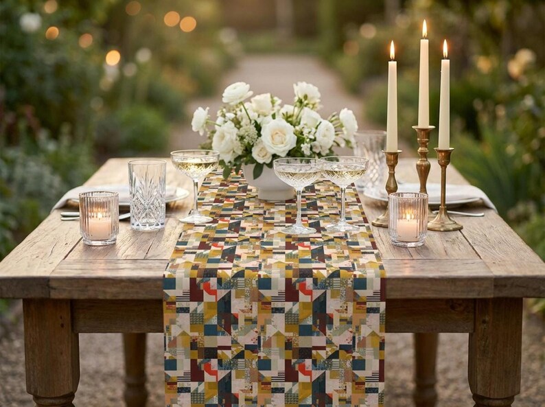 Runner da tavola con motivo geometrico patchwork, moderno misto cotone-poliestere per la sala da pranzo immagine 7