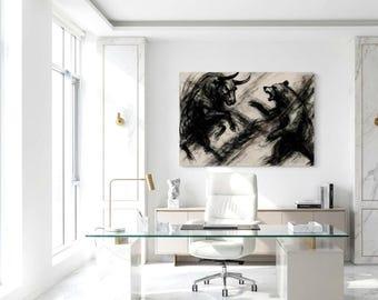 Quadro su tela con orso toro, stampa d'effetto sul mercato azionario per l'arredamento dell'ufficio.