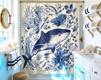 Navy Blue Whale Shower Curtain  Coastal Nautical Bathroom Decor   Vintage Sea Life Illustration  Beach House Bath Curtain