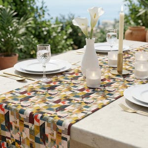 Camino de mesa con diseño de patchwork geométrico / Mezcla de algodón y poliéster abstracta moderna