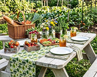 Camino de mesa con estampado botánico verde y motivos de hojas para la decoración de mesas festivas informales de primavera y verano.