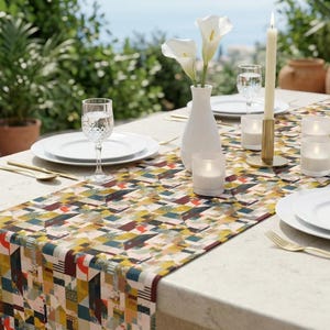 Runner da tavola con motivo geometrico patchwork, moderno misto cotone-poliestere per la sala da pranzo immagine 1