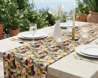 Geometric Patchwork Table Runner, Modern Cotton-Poly Blend for Dining