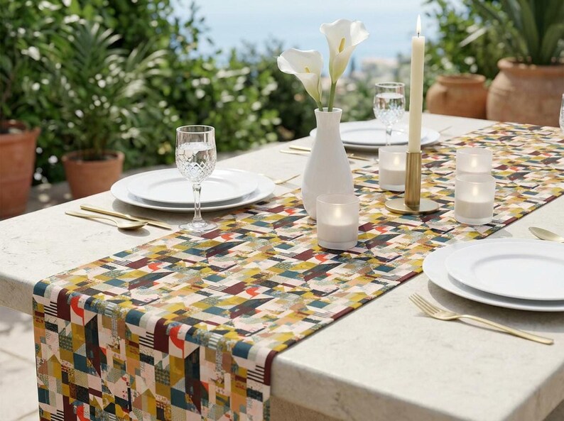 Runner da tavola con motivo geometrico patchwork, moderno misto cotone-poliestere per la sala da pranzo immagine 1