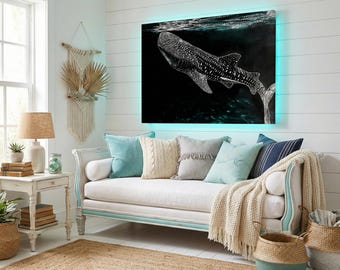 Lienzo artístico de tiburón ballena, lámina de vida marina en blanco y negro para decoración costera.
