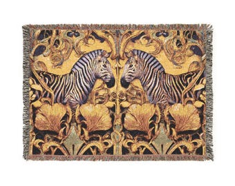 Art Nouveau Zebra Tapestry Woven Blanket | Vintage Botanical Pattern