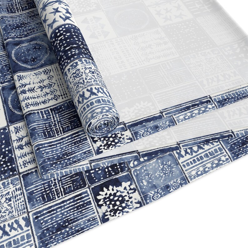Caminho de mesa com estampa patchwork azul | Azulejo xadrez em denim índigo imagem 14
