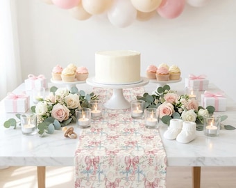 Caminho de mesa com laço rosa para chás de panela, festas de chá e decoração romântica de quarto de bebê.
