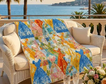 Patchwork Quilt Velveteen Blanket, Colorful Vintage Dress Pattern for Cozy Decor