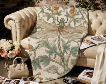 Dragonfly Blanket, Art Nouveau Botanical Throw in Soft Sherpa Fleece